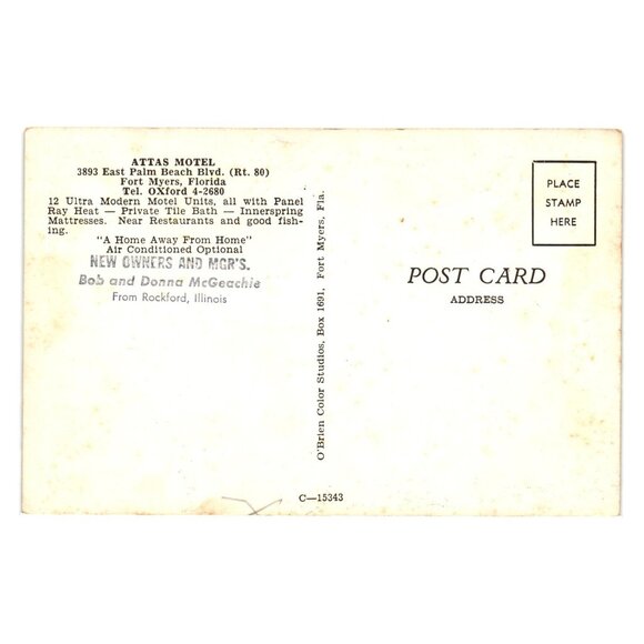Vintage Postcard Of Attas Motel Fort Myers Florida 1950s Travel Lodge Vacation - Picture 2 of 2